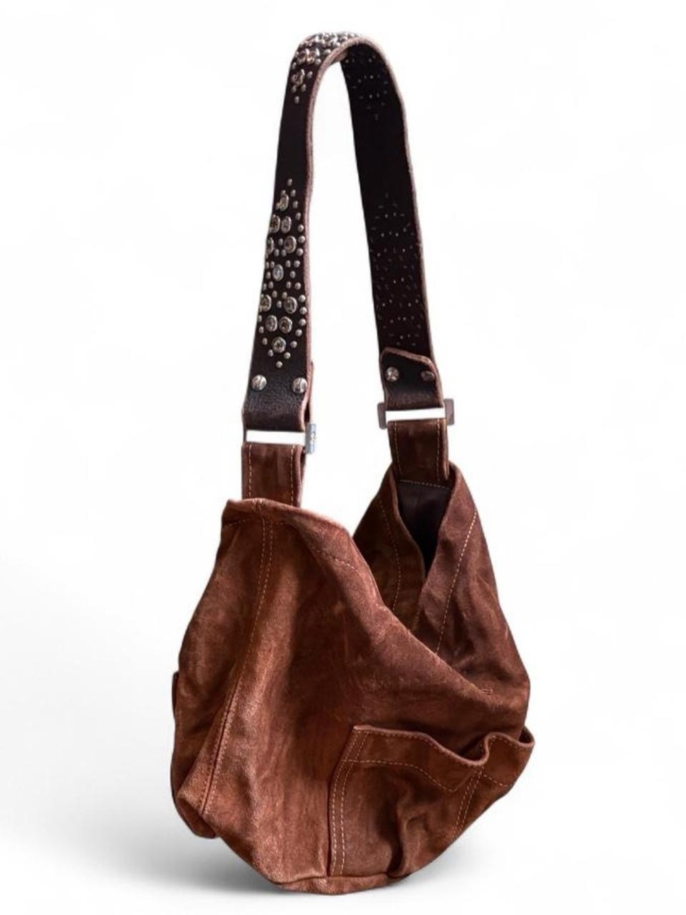 Tylie Malibu Bag Classic Utility Brown Suede Leather w/ Stud & Crystal Accents